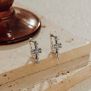 Sterling Silver Gothic Cross Huggie Hoop Earrings Museori